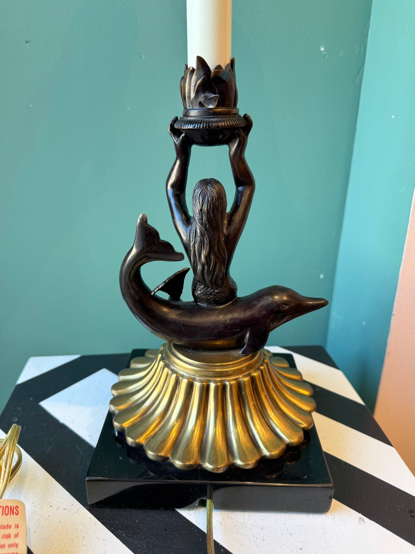 Vintage Mermaid and Dolphin Brass and Bronze Table Lamp with Shade