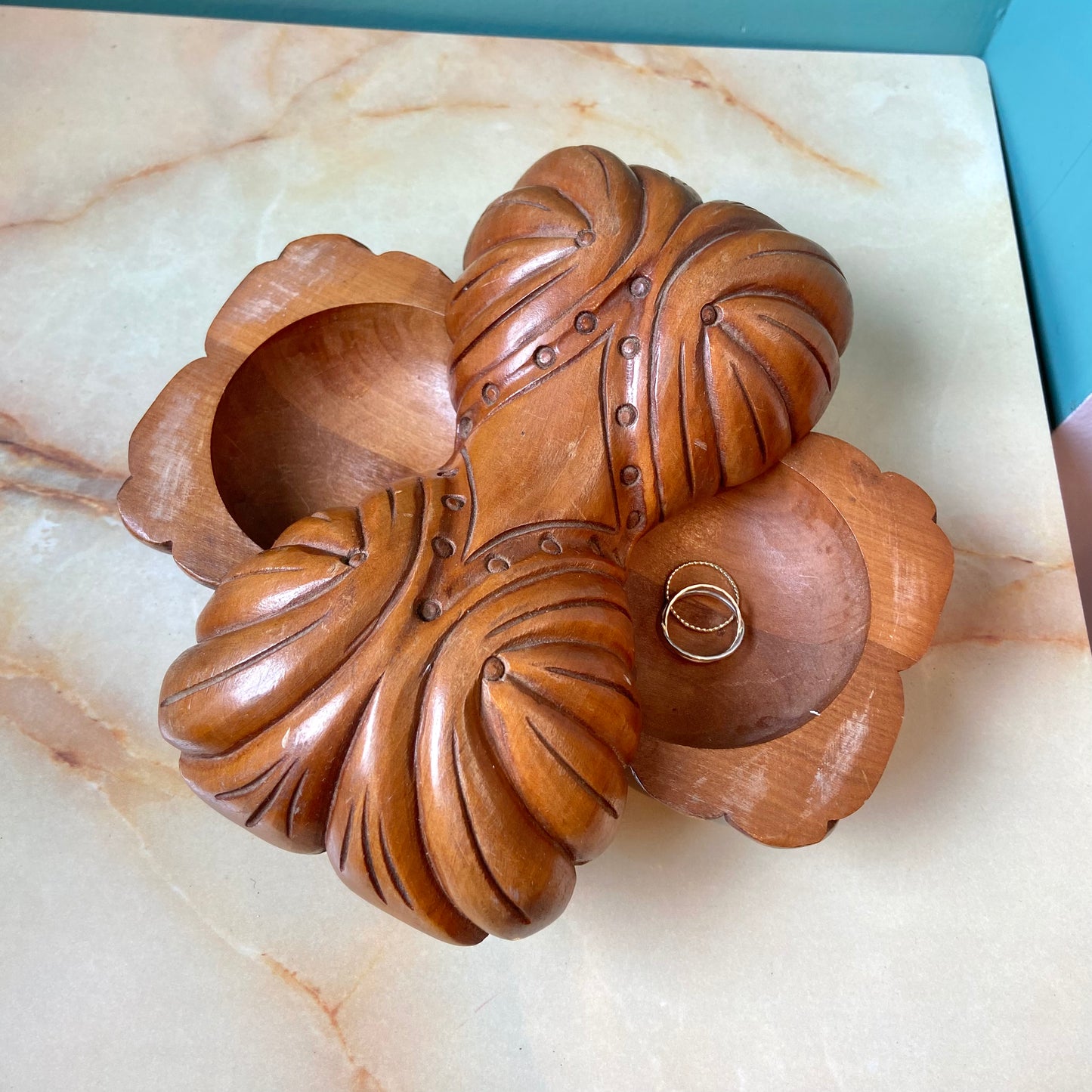 Vintage Hand Carved Wooden Swivel Top Box