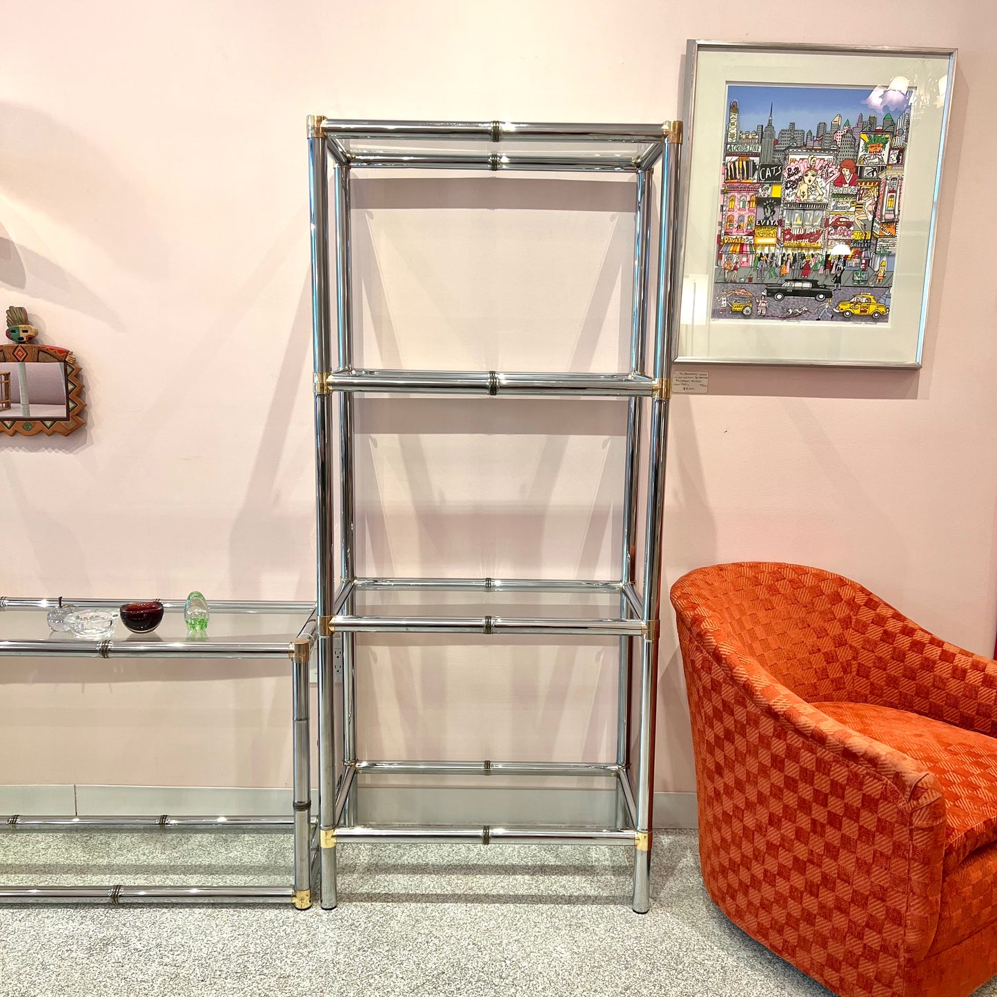 Vintage Chrome Etagere Shelf with Brass Bamboo Accents