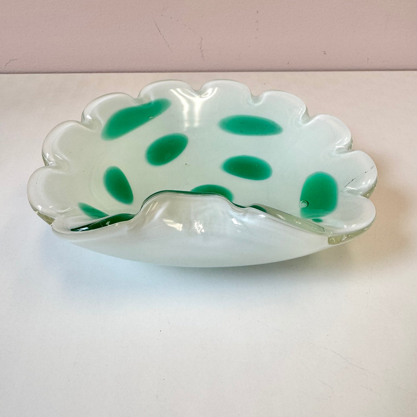 Vintage White and Green Murano Glass Scallop Edged Bowl