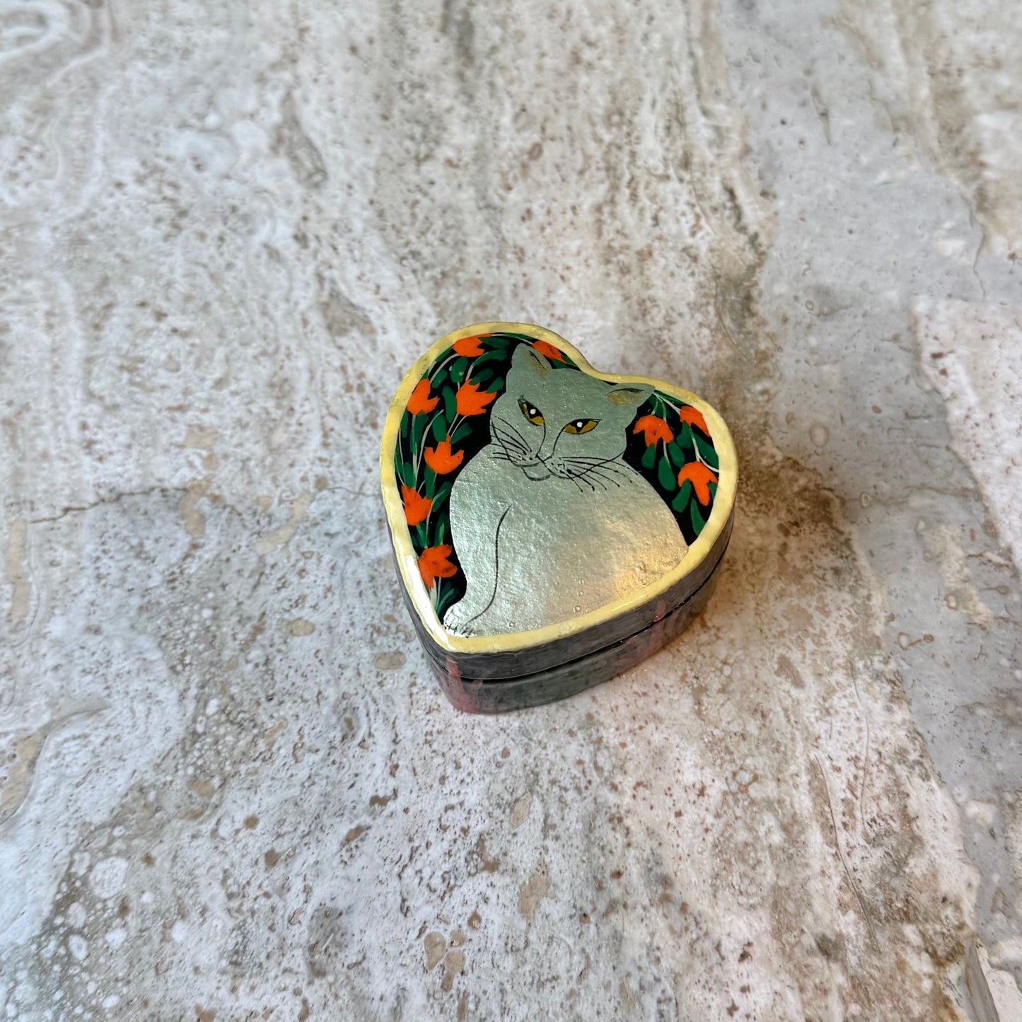 Vintage Hand Painted Cat Heart Box