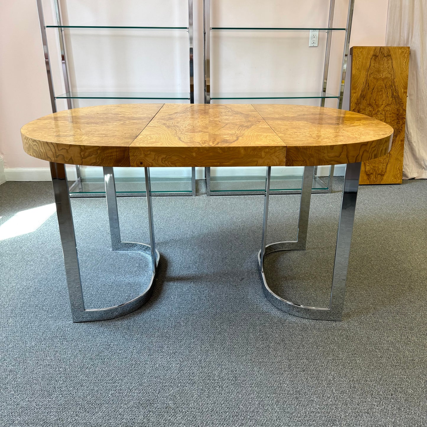 Vintage Milo Baughman Style Extendable Oval Burl and Chrome Dining Table
