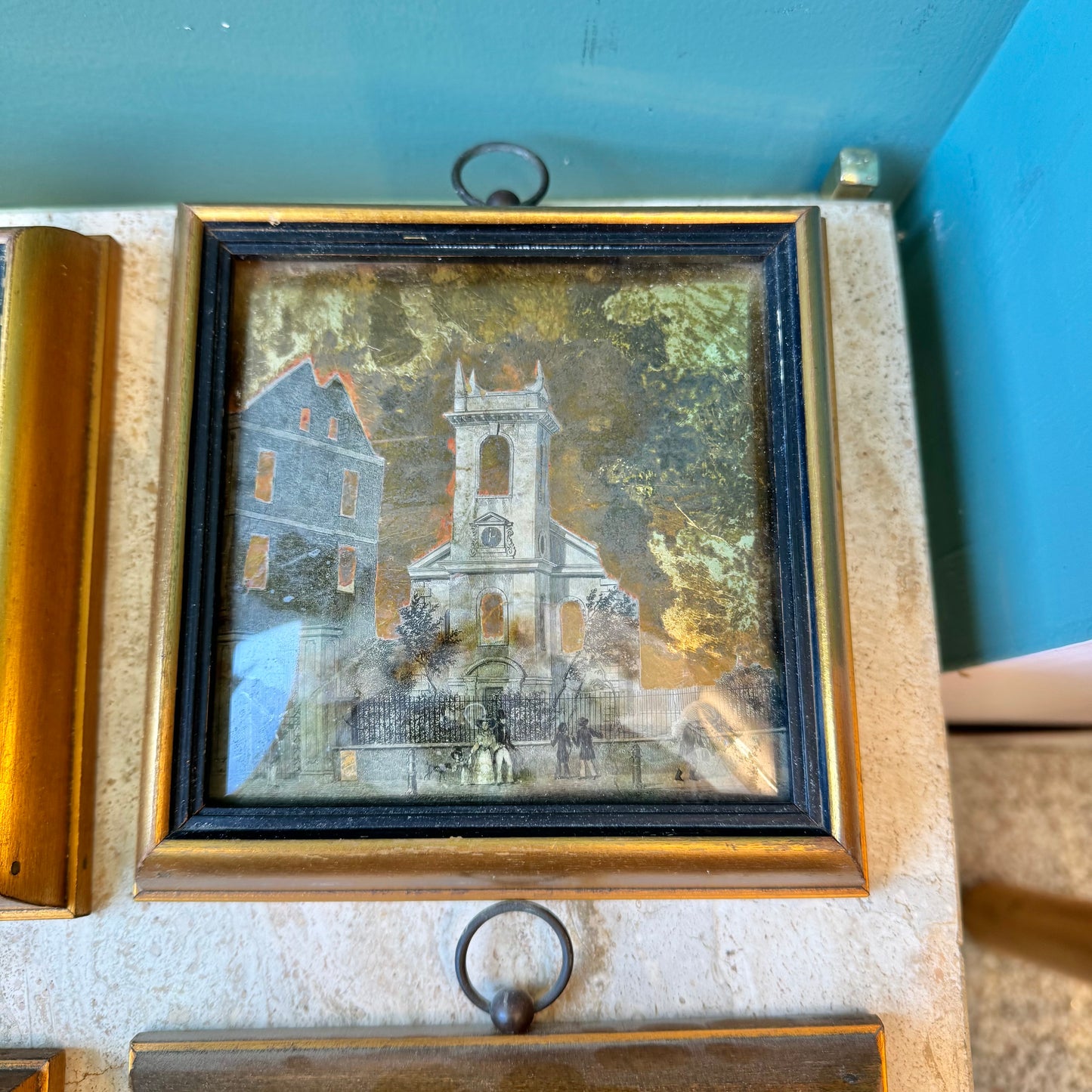 Set of 4 Antique Framed Sungott Decoupage Gold Leaf Convex Glass Artworks