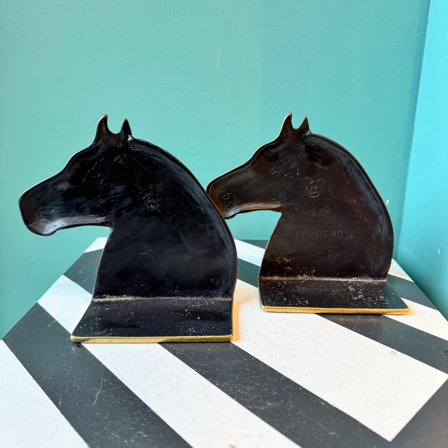 Pair of Vintage Brass Horse Head Bookends by Virginia Metalcrafters