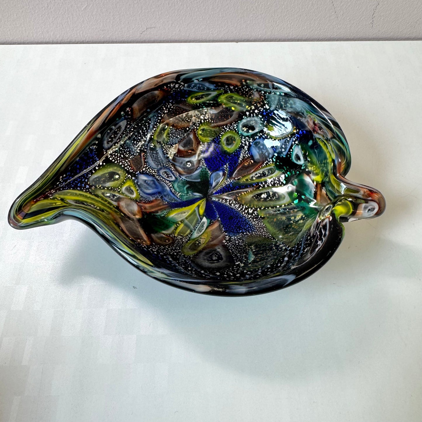 Vintage Black and Silver Leaf Millefiori Murano Glass Bowl