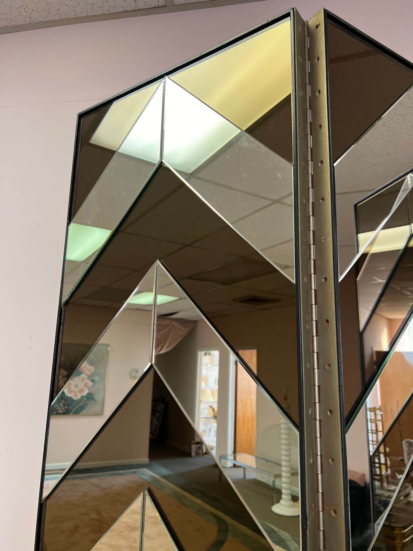 *ON HOLD. Vintage 4 Panel Chevron Mirrored Screen/Room Divider