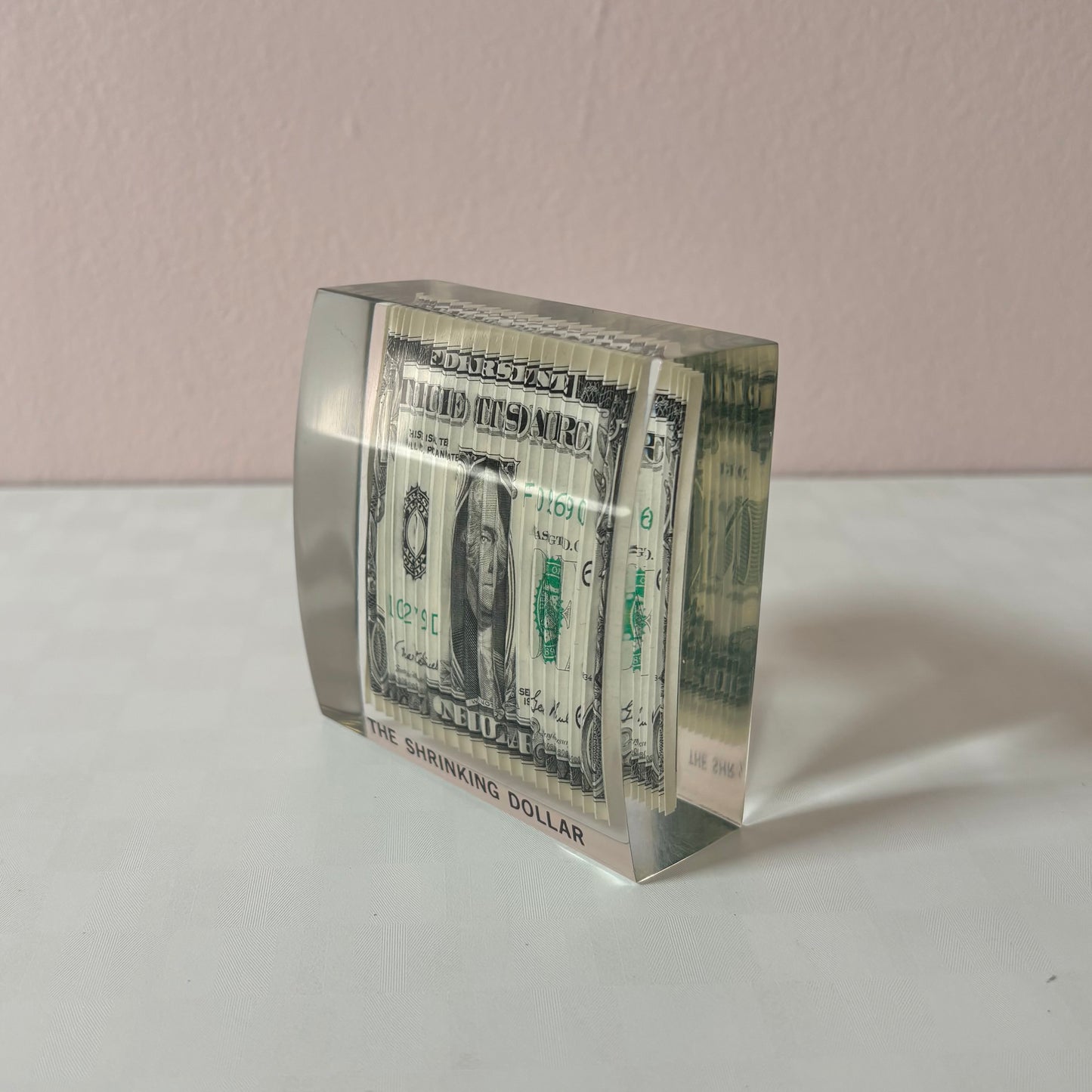 Vintage Lucite Encased "Shrinking Dollar" Paperweight