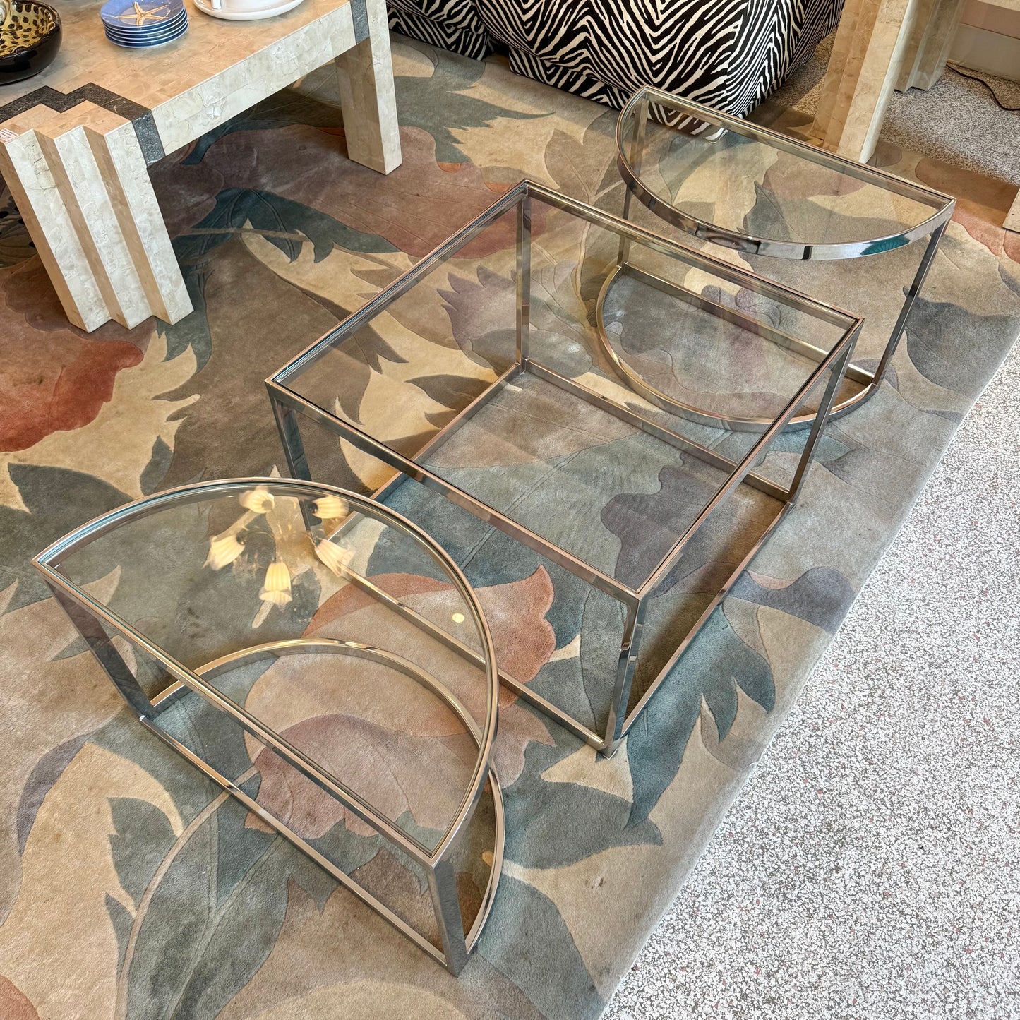 Vintage Three Piece Chrome and Glass Coffee Table