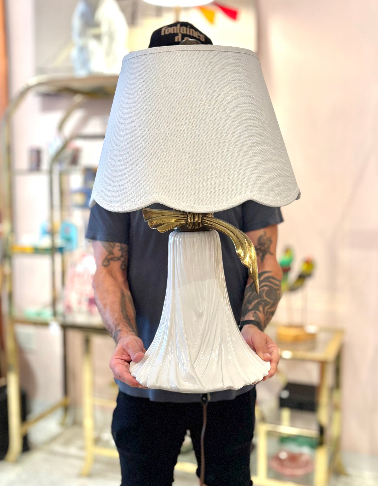 Vintage Ceramic Draped Cloth and Brass Bow Lamp with Scallop Shade by Chapman
