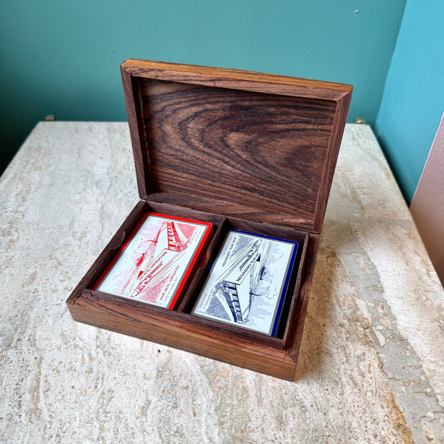 Vintage Rosewood and Brass Inlay Playing Card Box