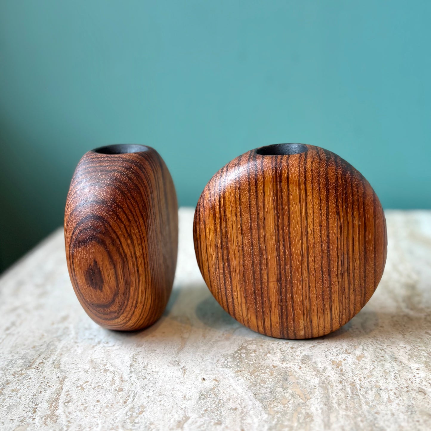 Vintage Pair of Circular Wooden Candlestick Holders