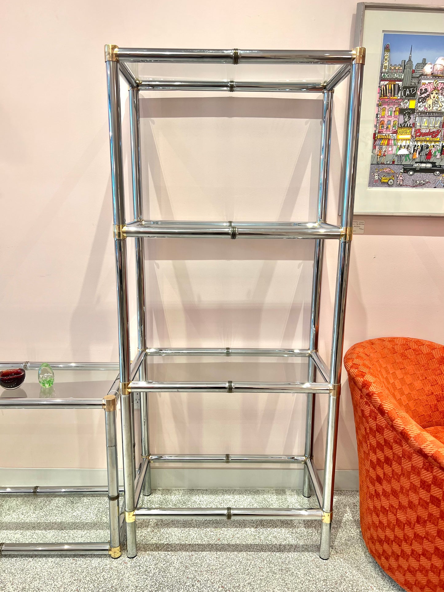 Vintage Chrome Etagere Shelf with Brass Bamboo Accents