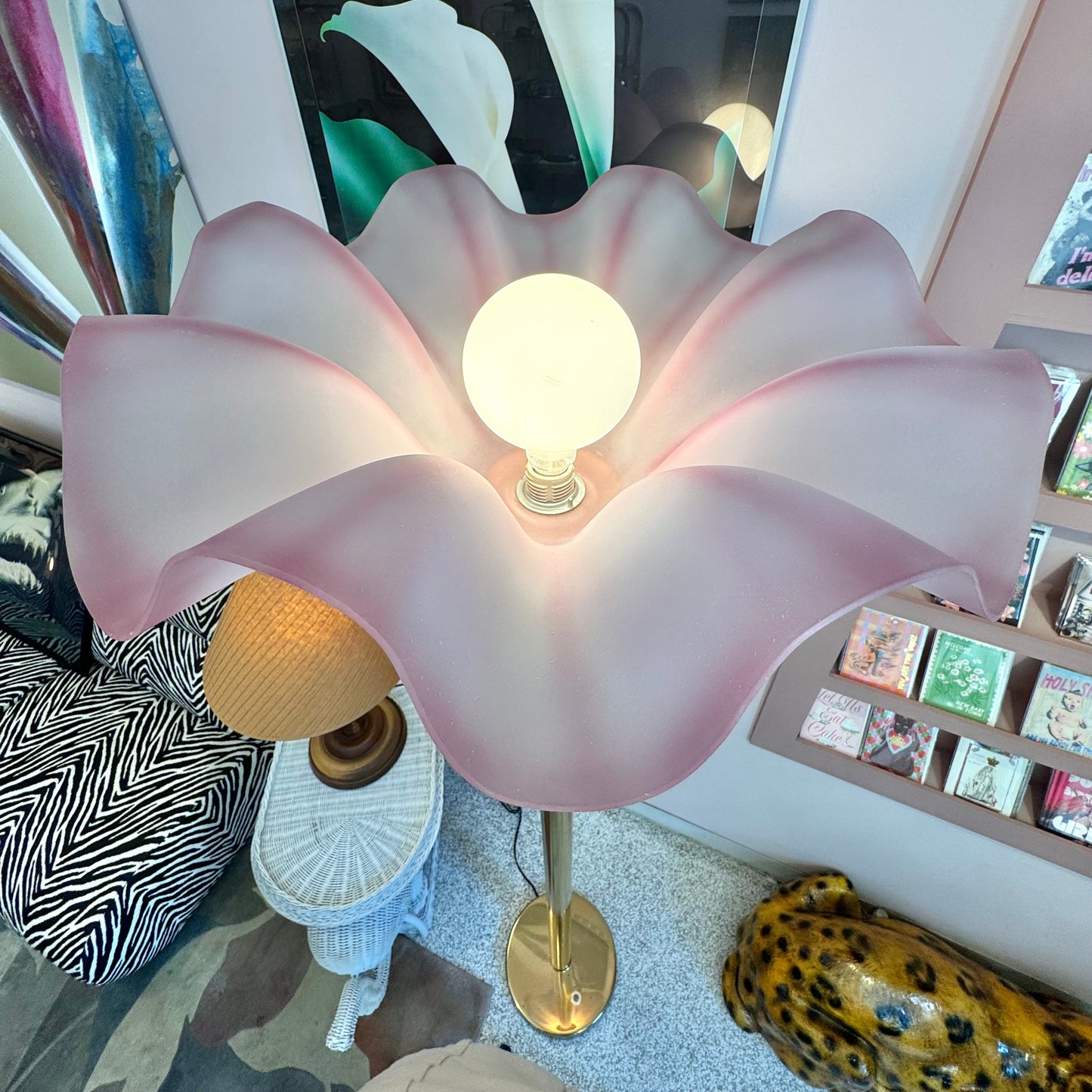 Vintage Pink Acrylic and Brass Flower Floor Lamp