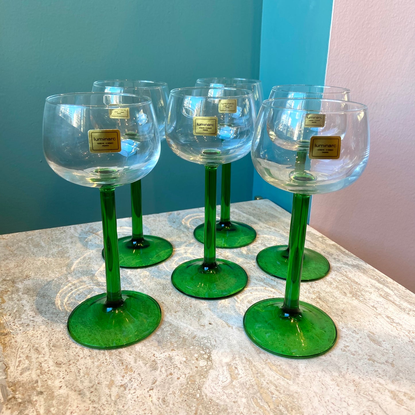 Set of 6 Vintage French Luminarc Green Stem Wine Glasses