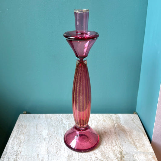 Vintage Tall Pink Murano Glass Candlestick Holder - signed