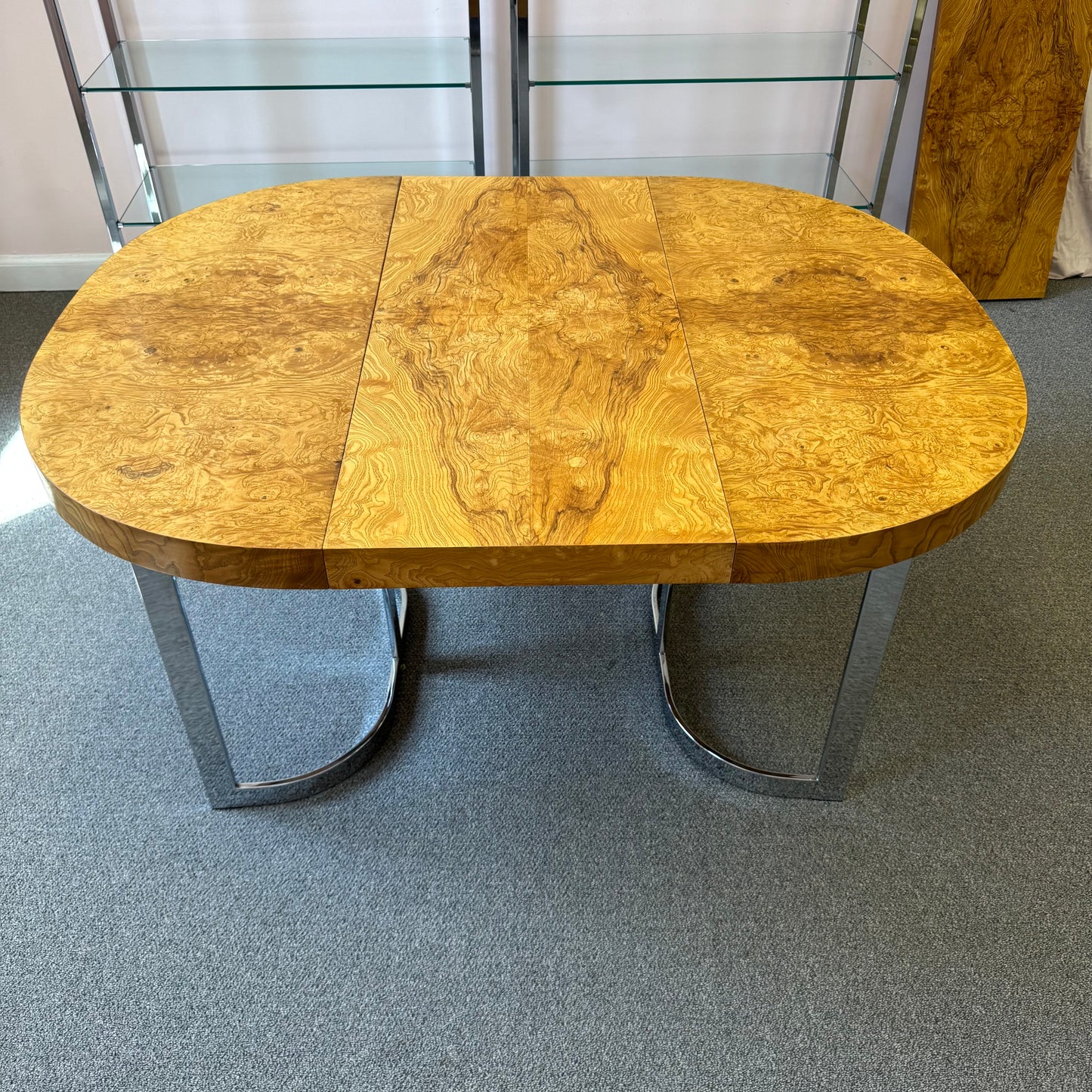 Vintage Milo Baughman Style Extendable Oval Burl and Chrome Dining Table