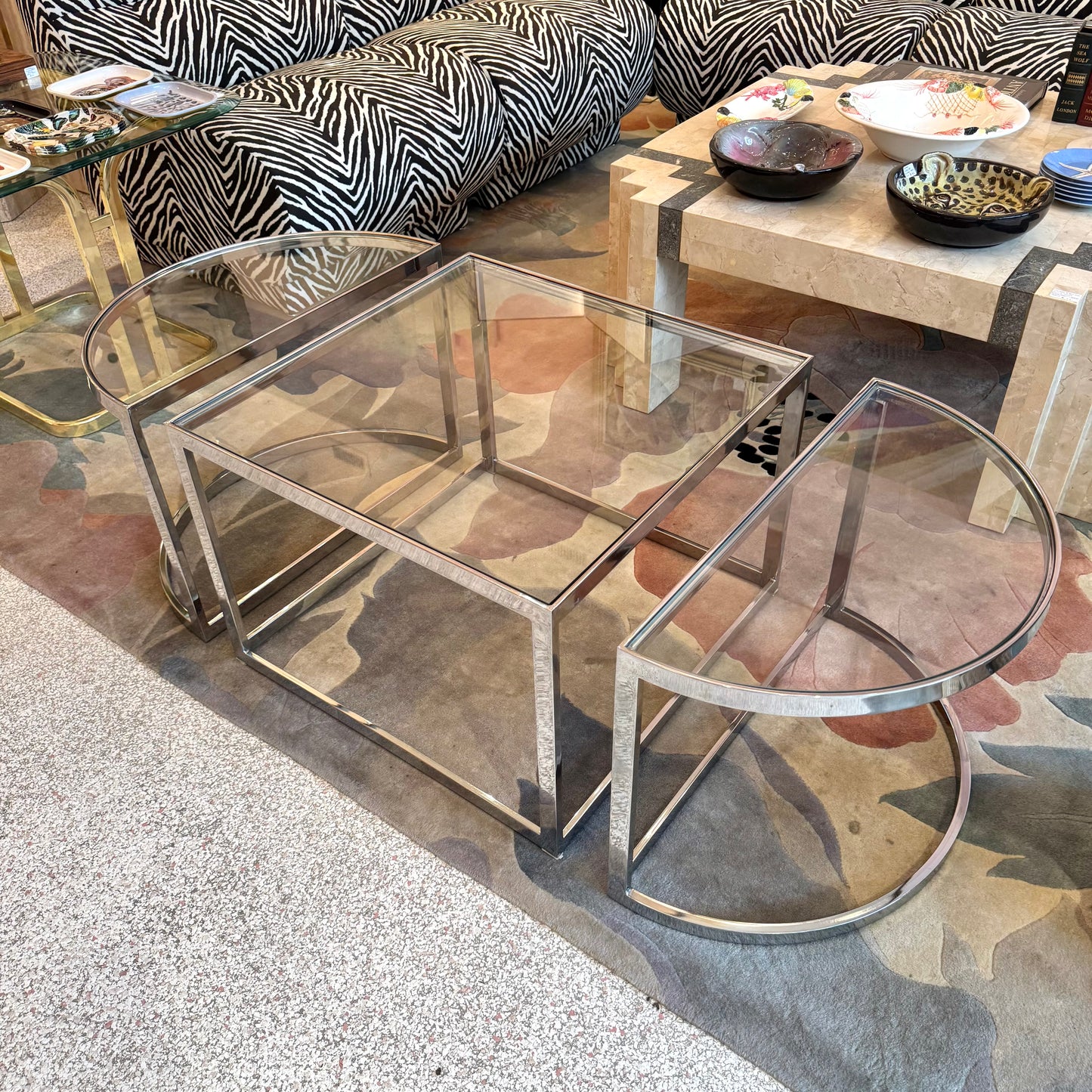 Vintage Three Piece Chrome and Glass Coffee Table