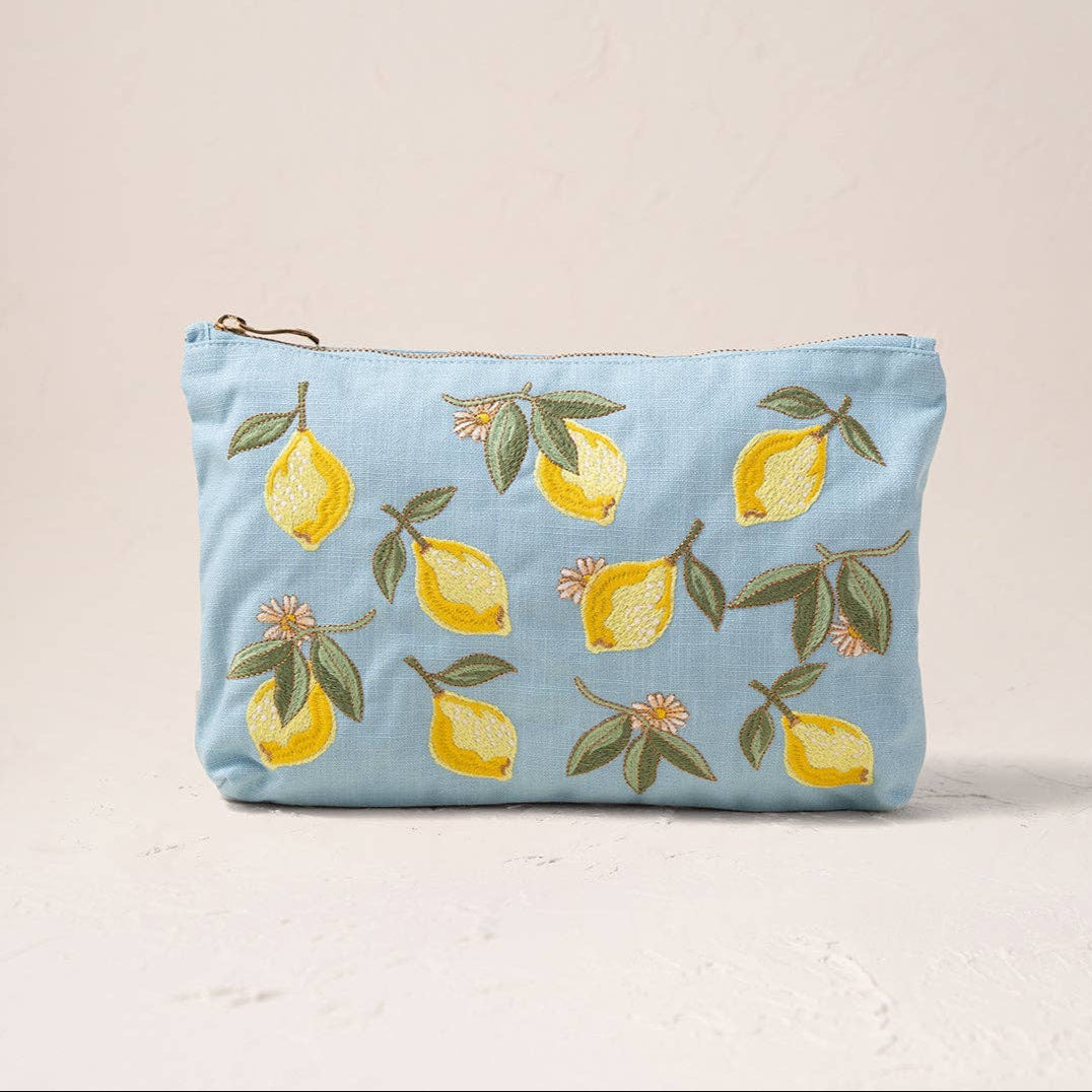 Sky Blue Linen Cotton Lemon Blossom Everyday Pouch by Elizabeth Scarlett