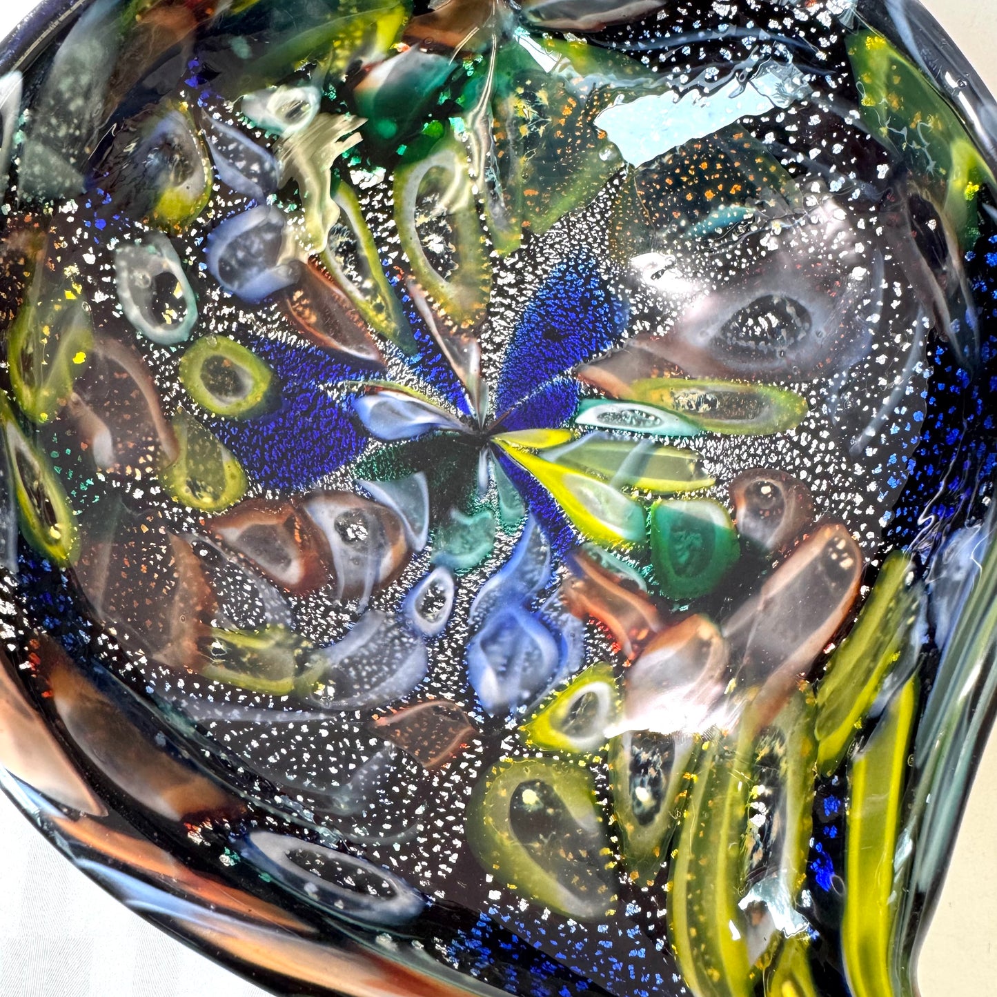 Vintage Black and Silver Leaf Millefiori Murano Glass Bowl
