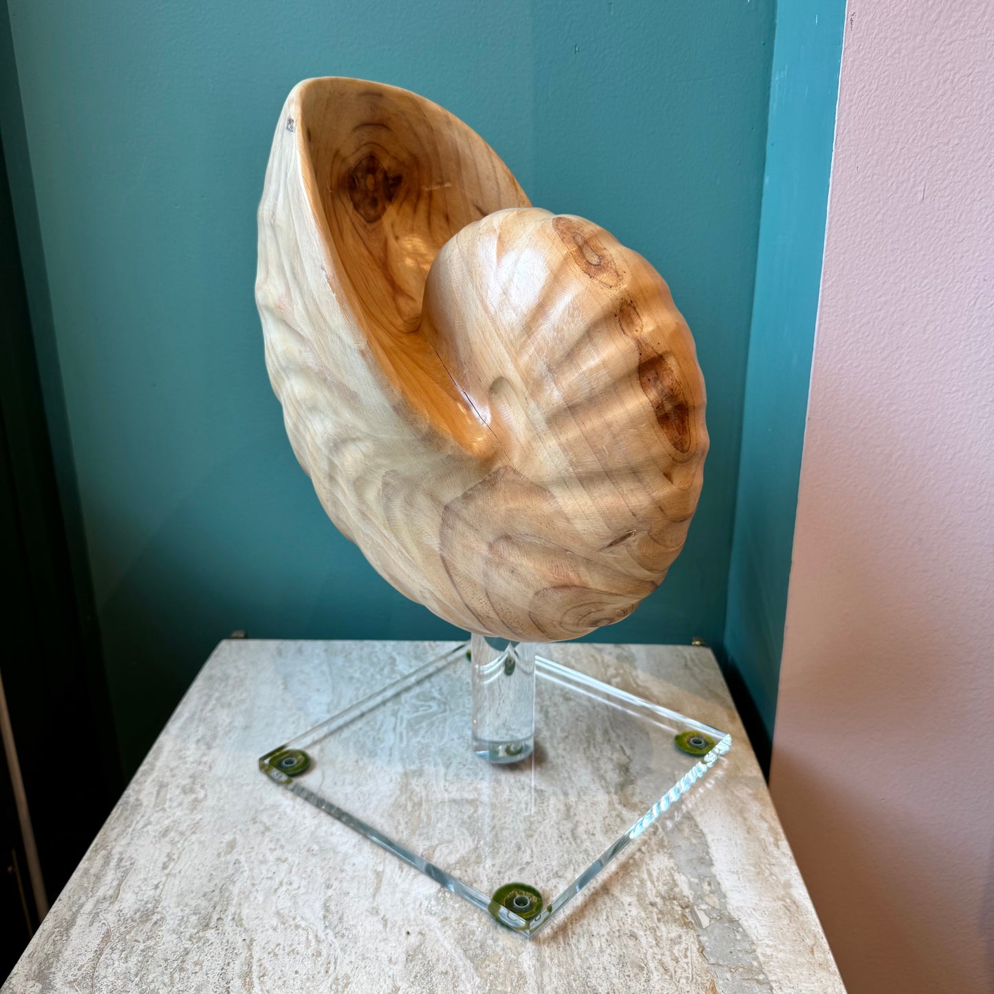 Vintage Carved Wooden Nautilus Shell on Lucite Stand