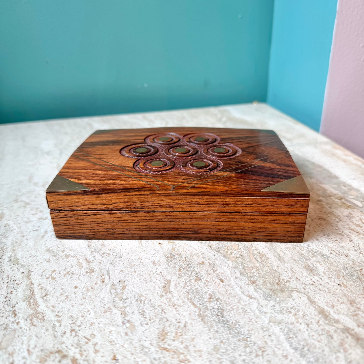 Vintage Rosewood and Brass Inlay Playing Card Box