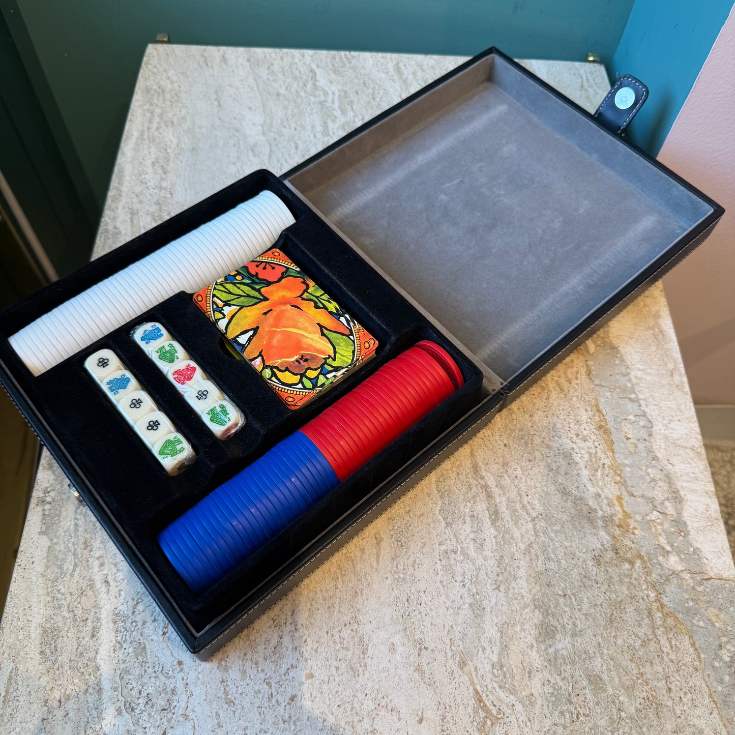 Vintage Black Faux Leather Poker Playing Card Box Set