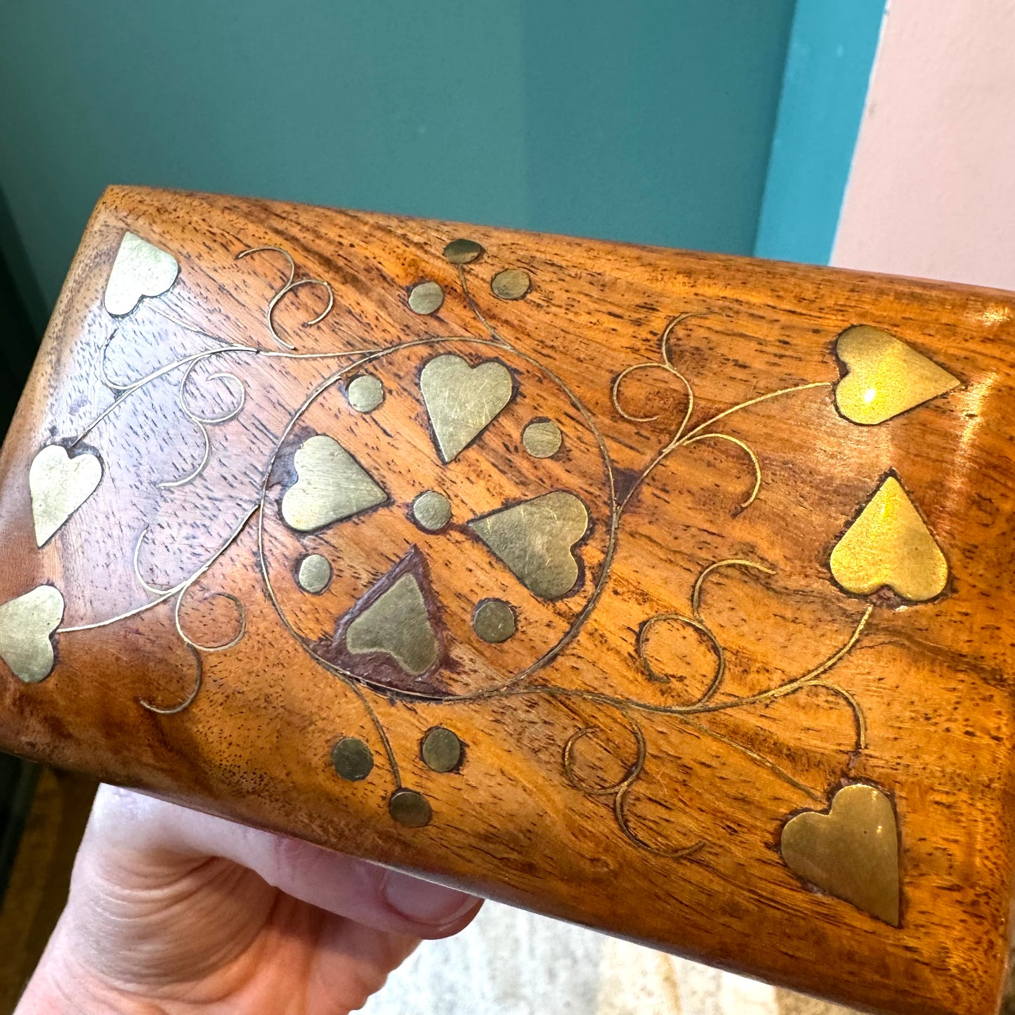 Vintage Wooden Playing Card Box with Brass Heart Inlay and Cards