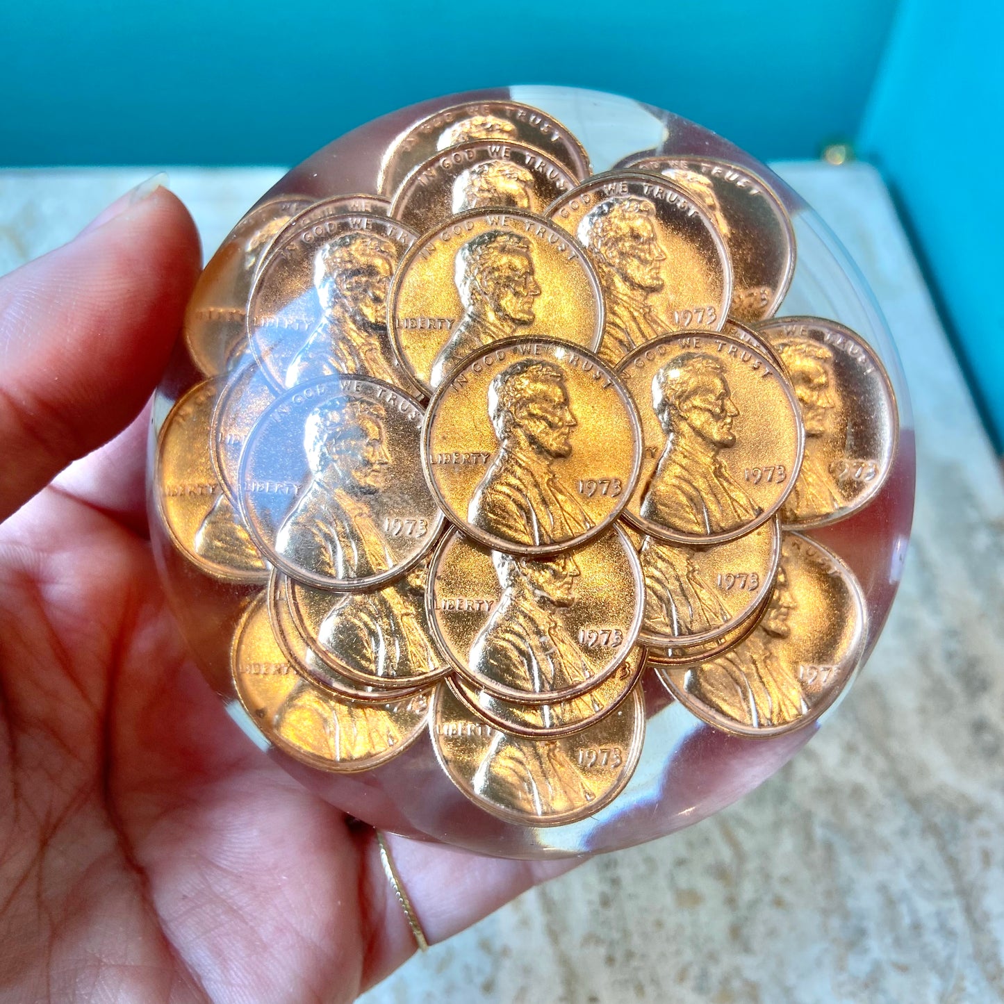 Vintage Lucite 1973 Penny Dome Paperweight