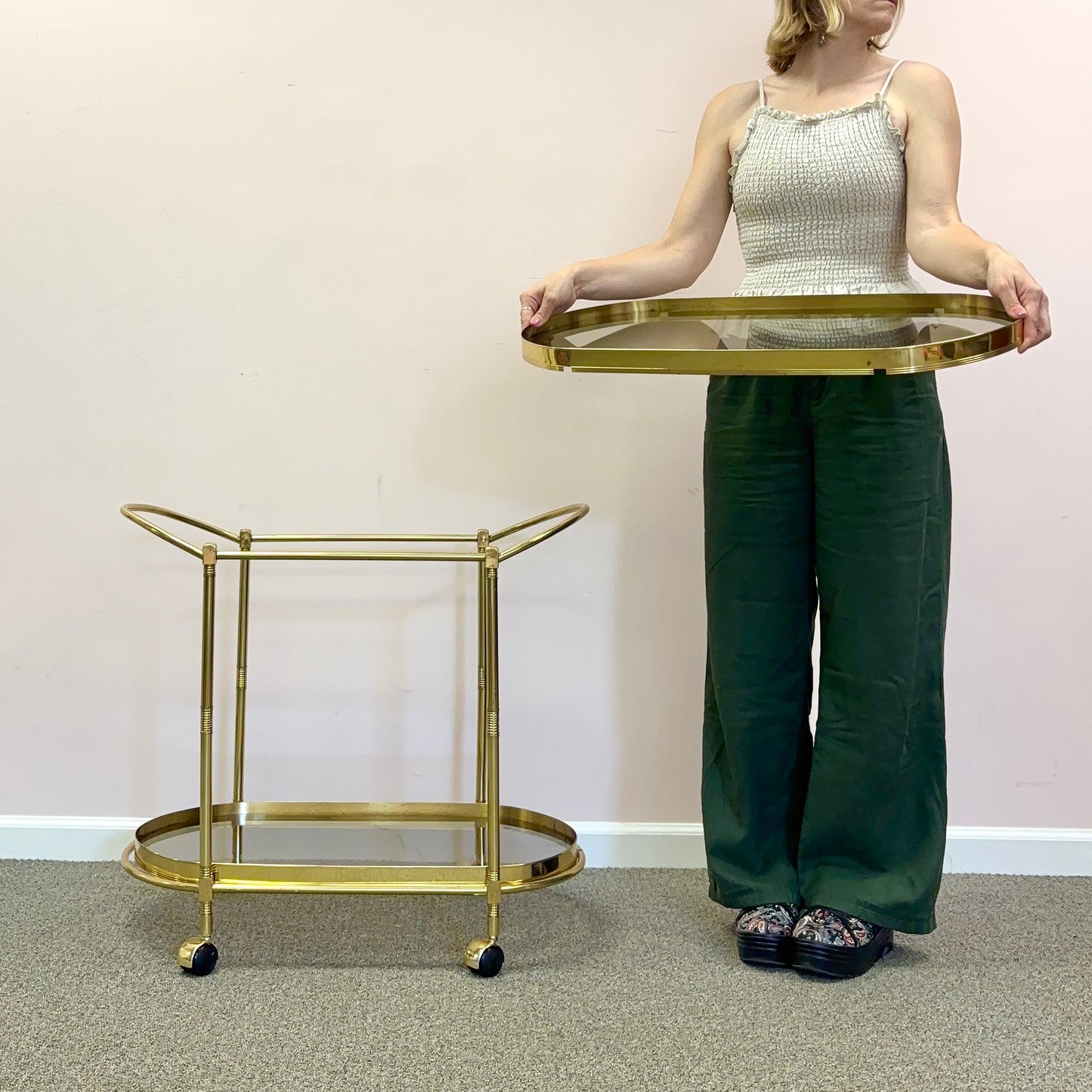 Vintage Oval Brass and Smoked Glass Rolling Bar Cart