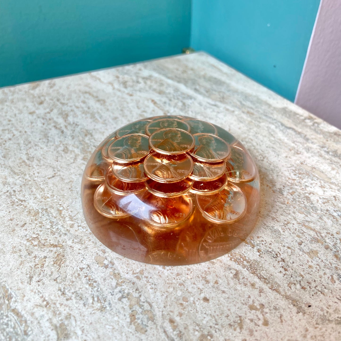 Vintage Lucite 1973 Penny Dome Paperweight