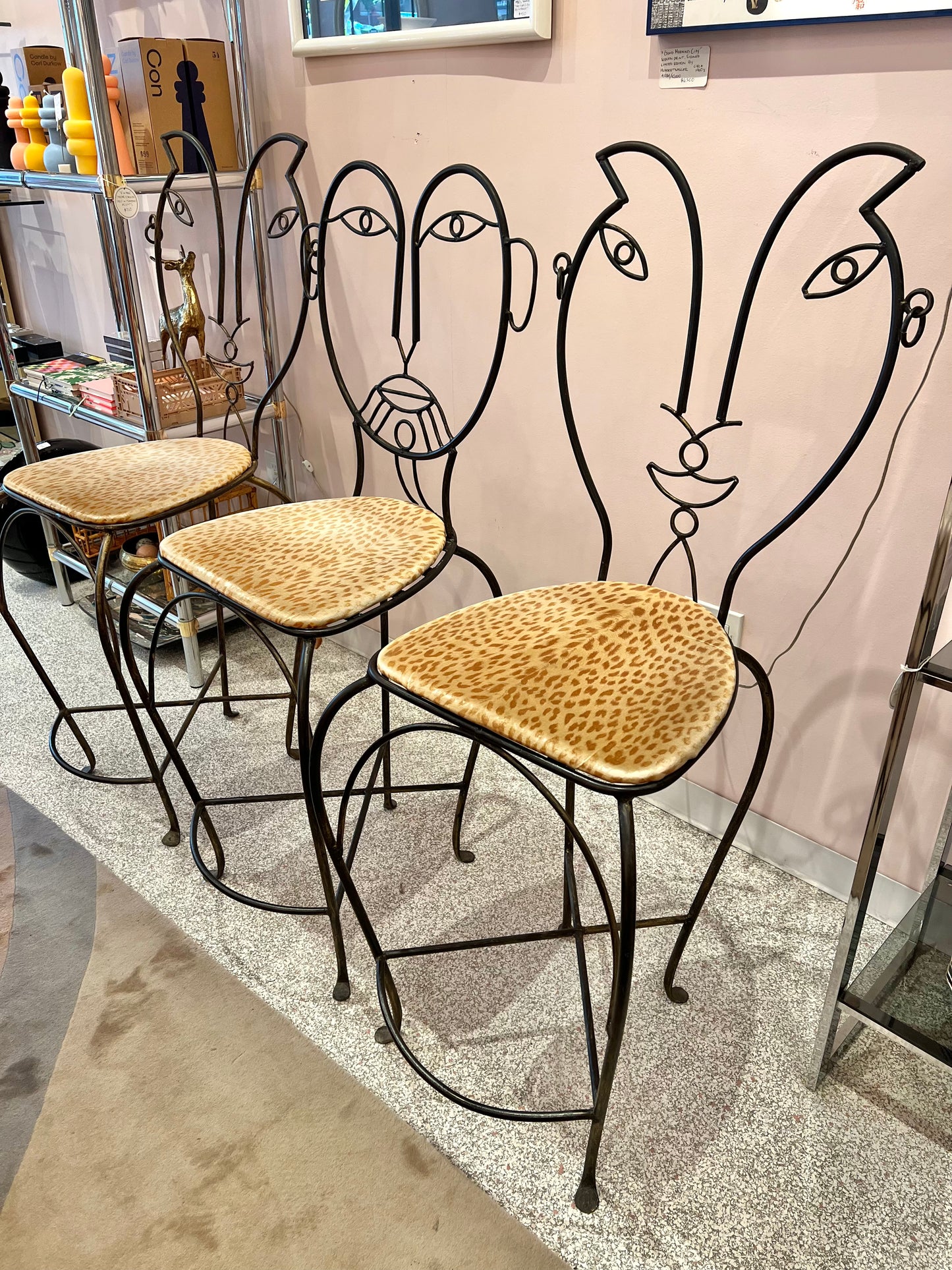 Vintage Set of 3 John Risley Style Figurative Face Bar Chairs