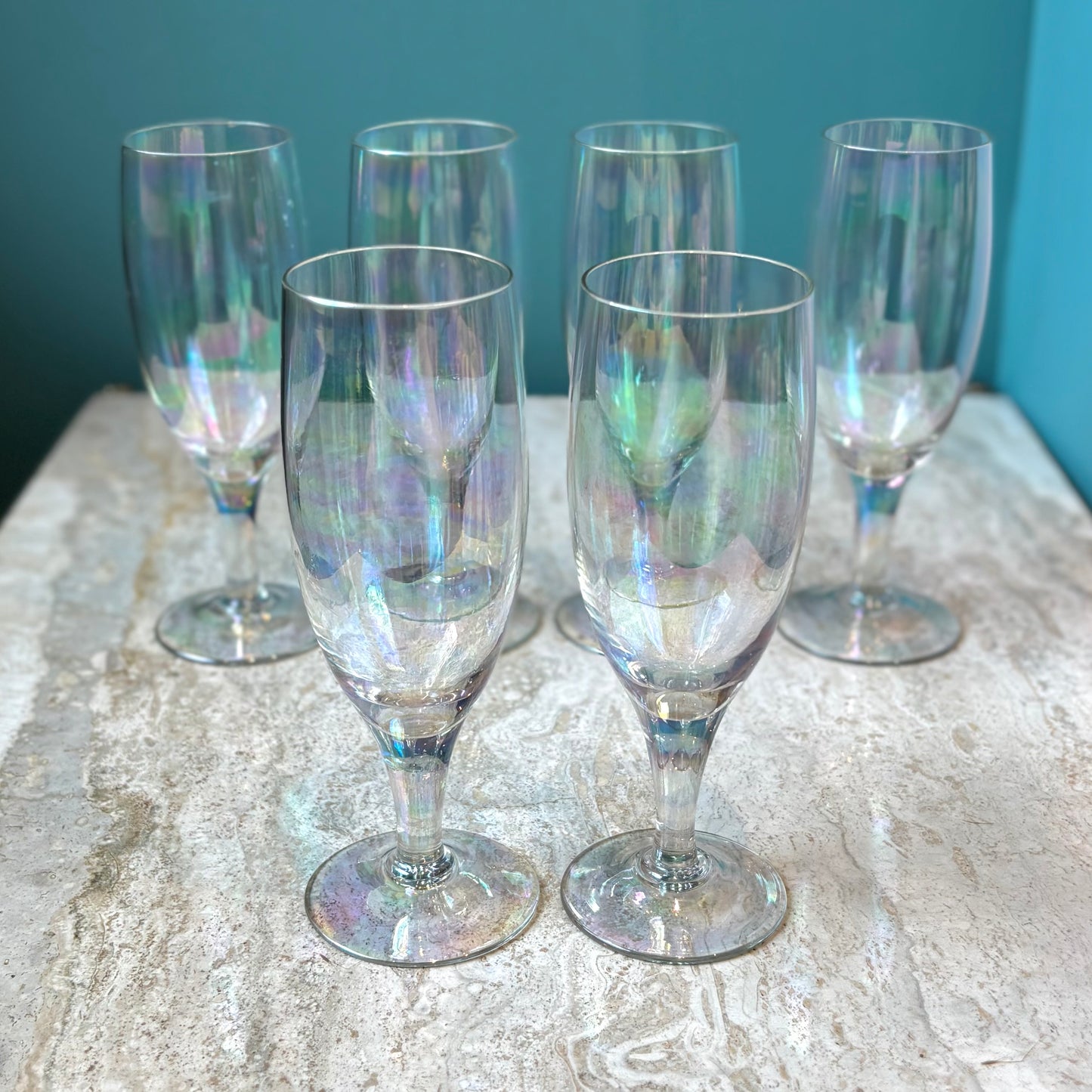 Set of 6 Vintage Iridescent Flute Glasses