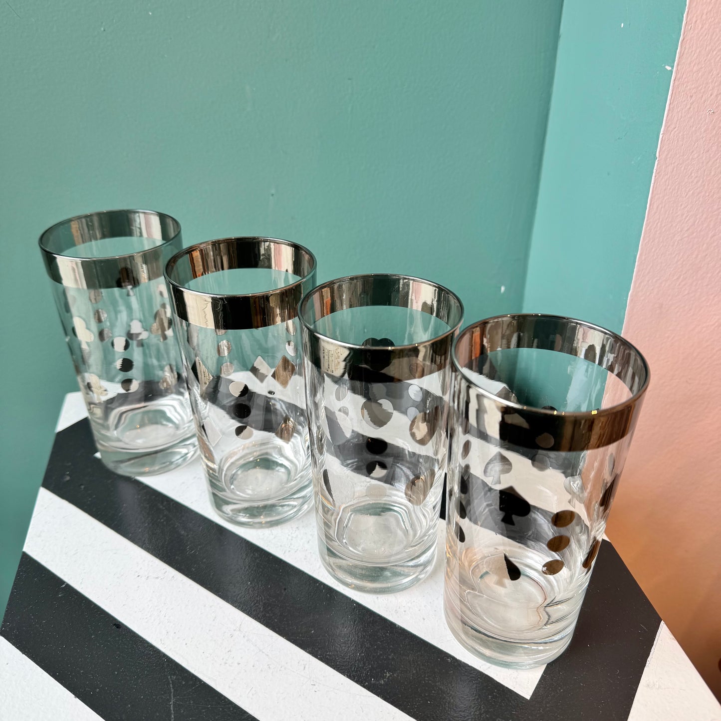 Set of 4 Vintage Metallic Playing Card Design Highball Glasses