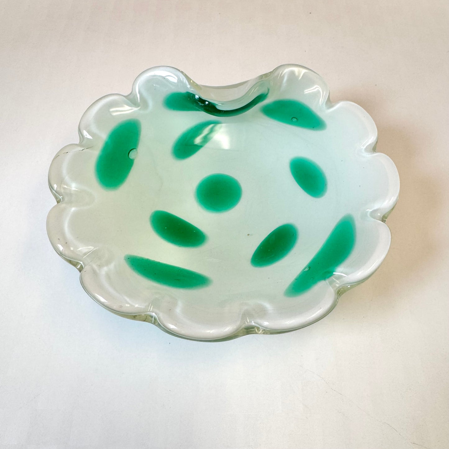 Vintage White and Green Murano Glass Scallop Edged Bowl