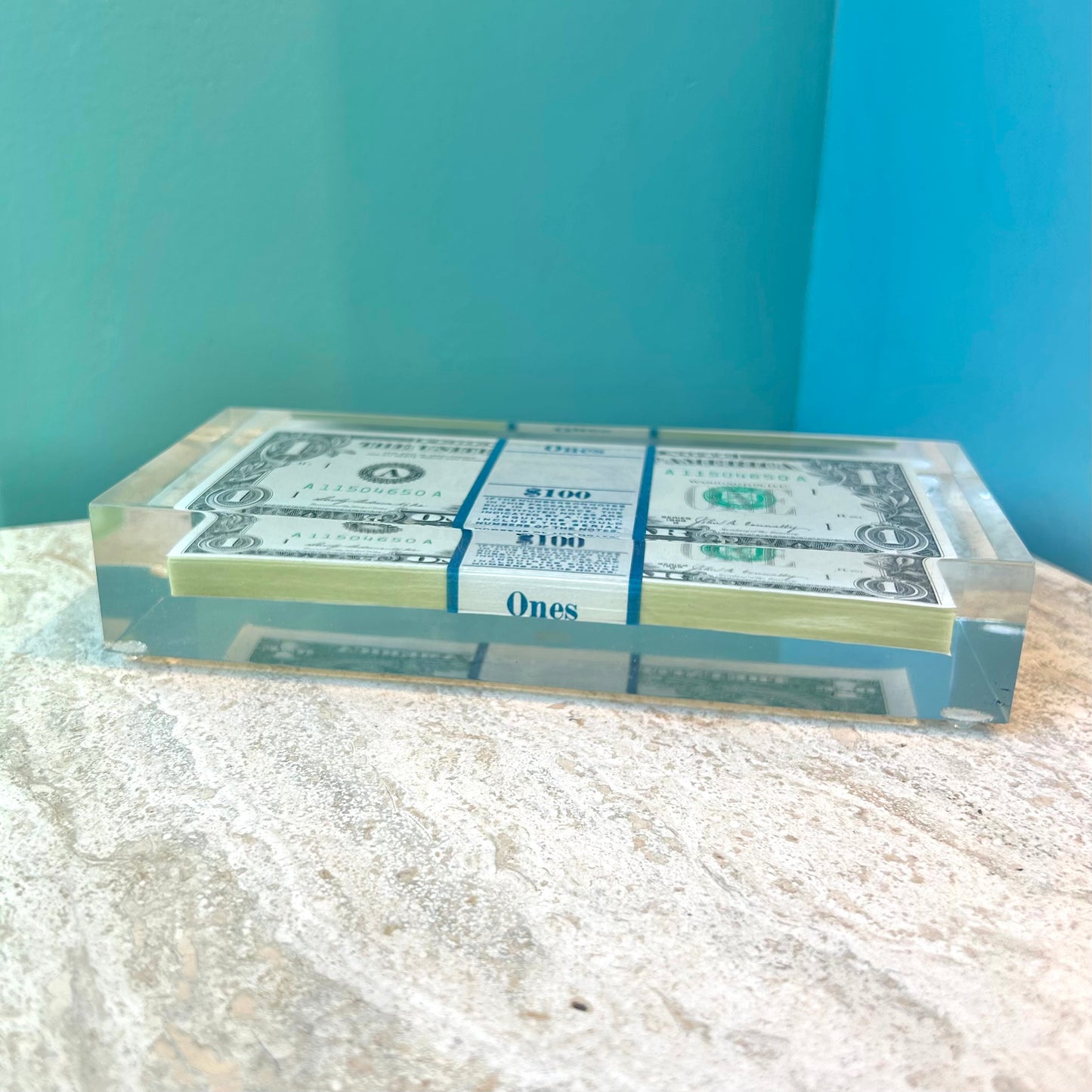 Vintage Lucite 1969 Stacked $100 One Dollar Bills Paperweight