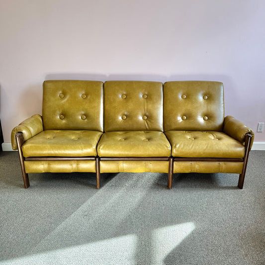 Vintage Olive Colored Vinyl and Walnut Three Seater Sofa