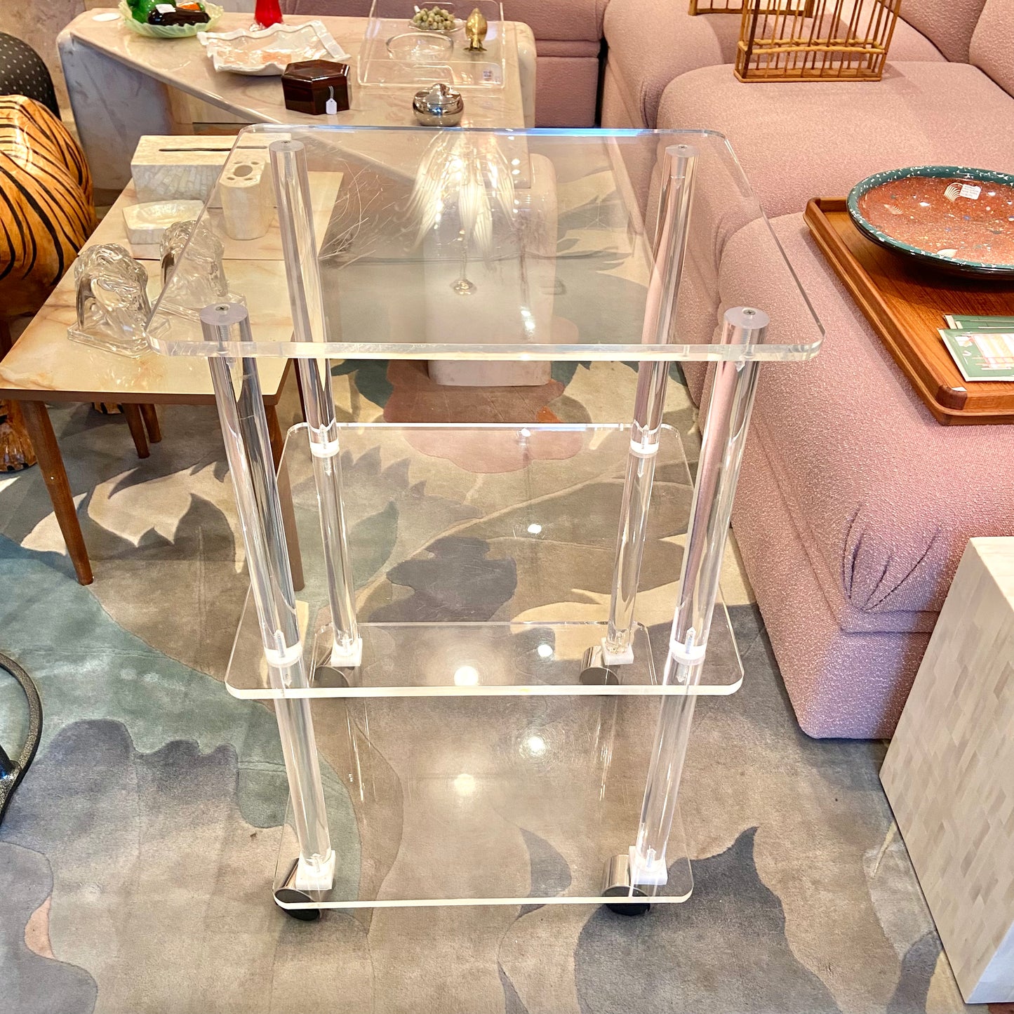 Vintage 3 Tier Lucite Rolling Shelf