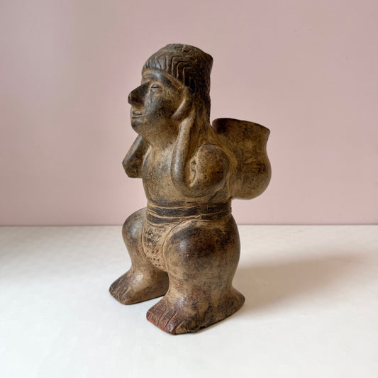 Vintage Mid-Century Aztec-Style 'Figure Carrying a Basket' Clay Pottery Planter (as is)