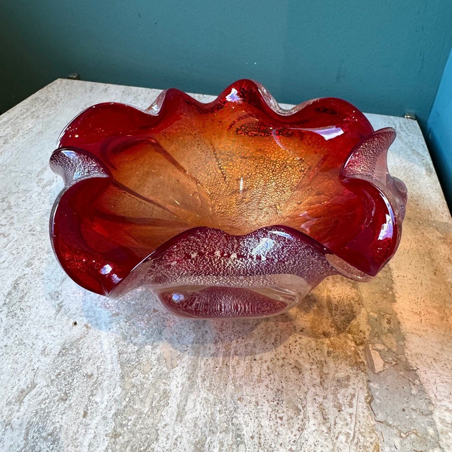 Vintage Red and Silver Leaf Murano Glass Bowl