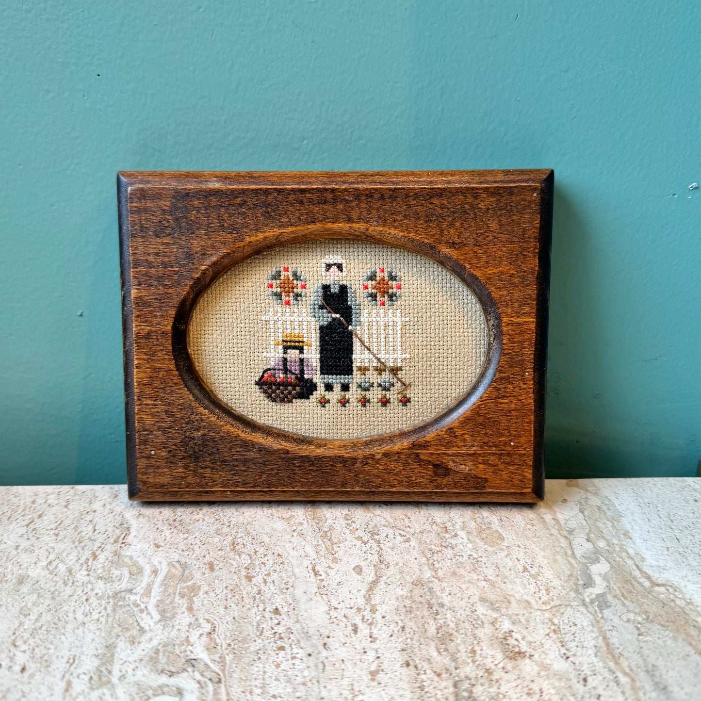 Vintage Framed Needlepoint Amish Gardener Artwork