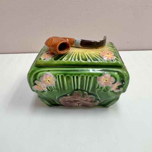 Antique Green Majolica Pipe Lidded Box