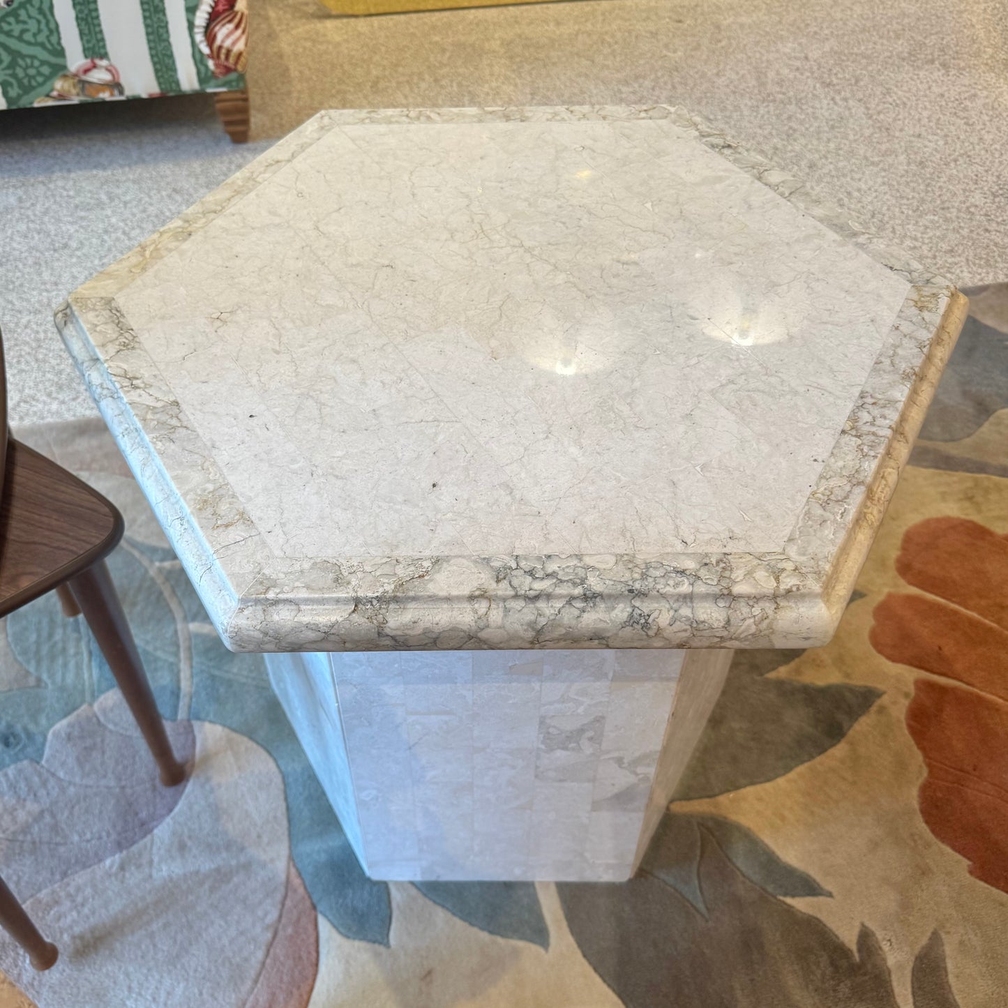 Vintage Hexagonal Tessellated White Marble Side Table