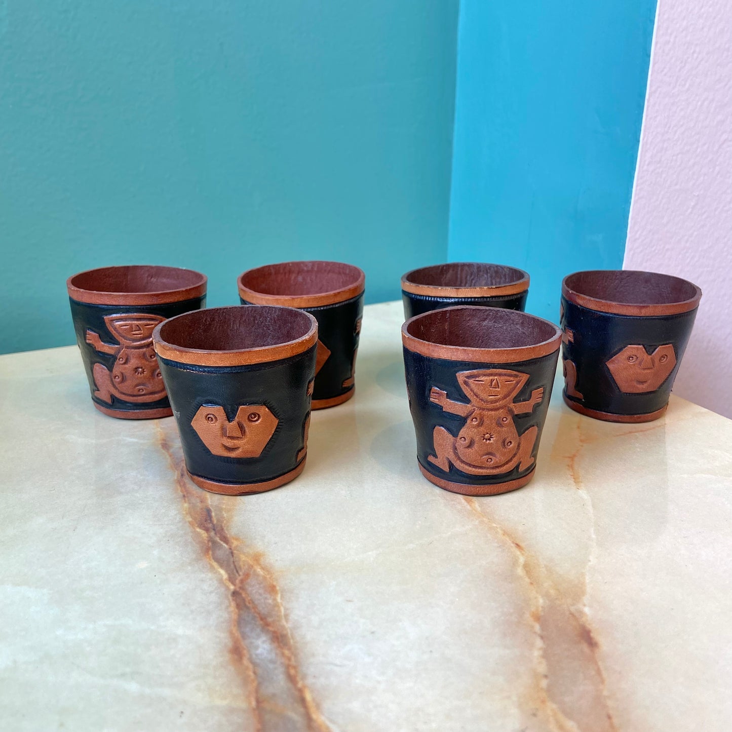Set of 6 Vintage Leather Shot Glass Holders