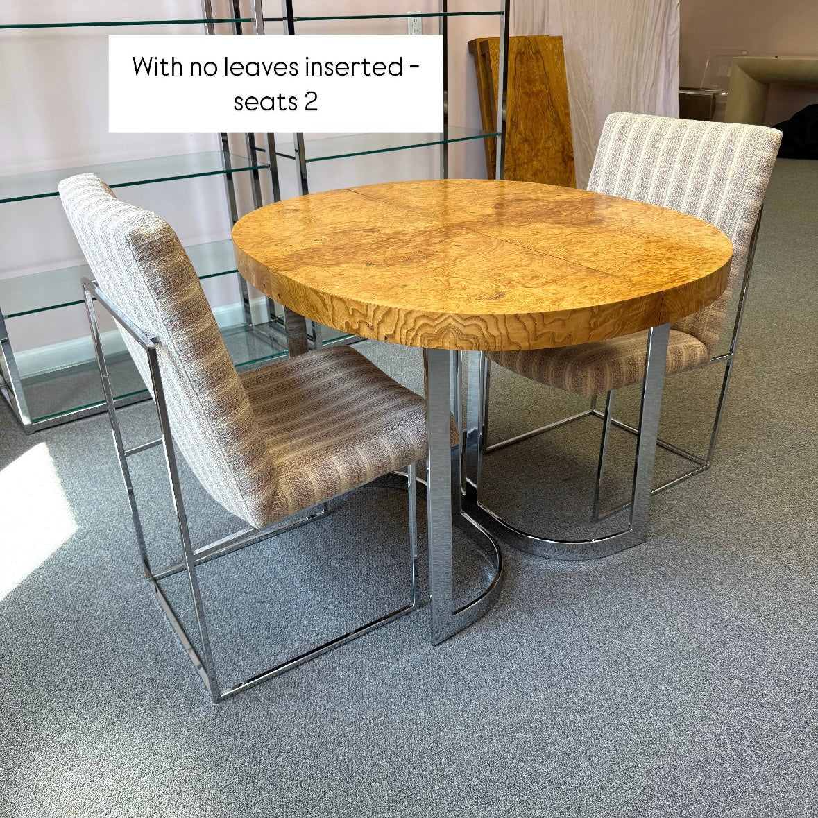 Vintage Milo Baughman Style Extendable Oval Burl and Chrome Dining Table