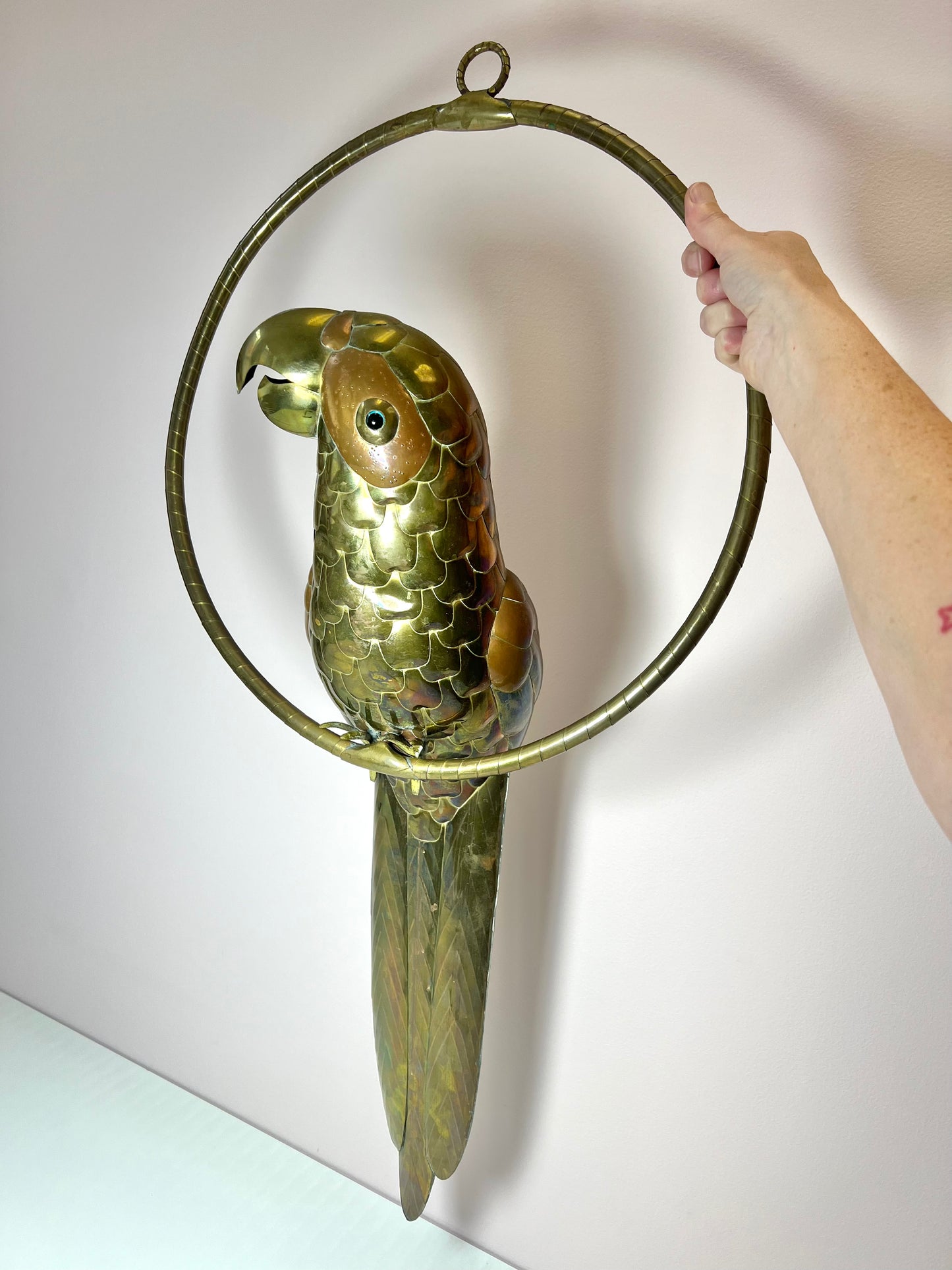 Mid Century Brass and Copper Parrot Bird Sculpture Attributed to Sergio Bustamante