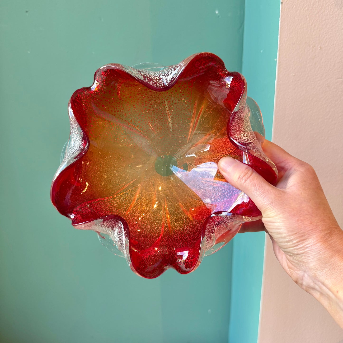 Vintage Red and Silver Leaf Murano Glass Bowl