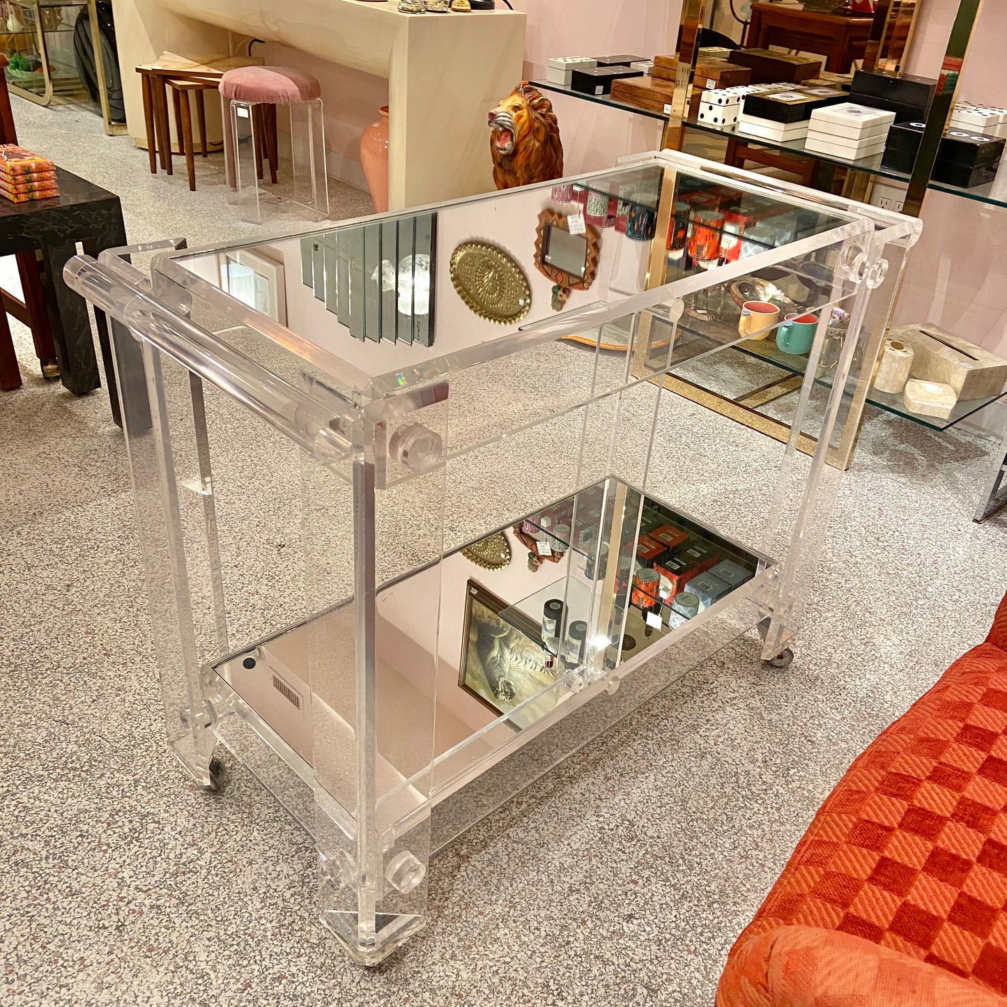 Charles Hollis Jones Style 1980’s Lucite and Mirror 2 Tier Rolling Bar Cart