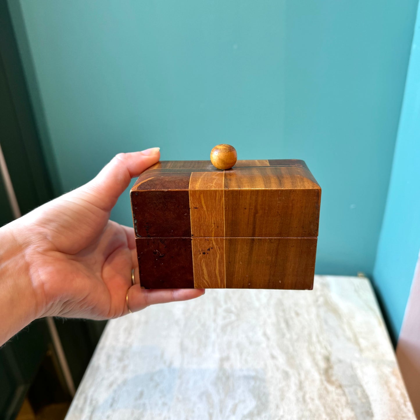 Vintage Wood Inlay Playing Card Box
