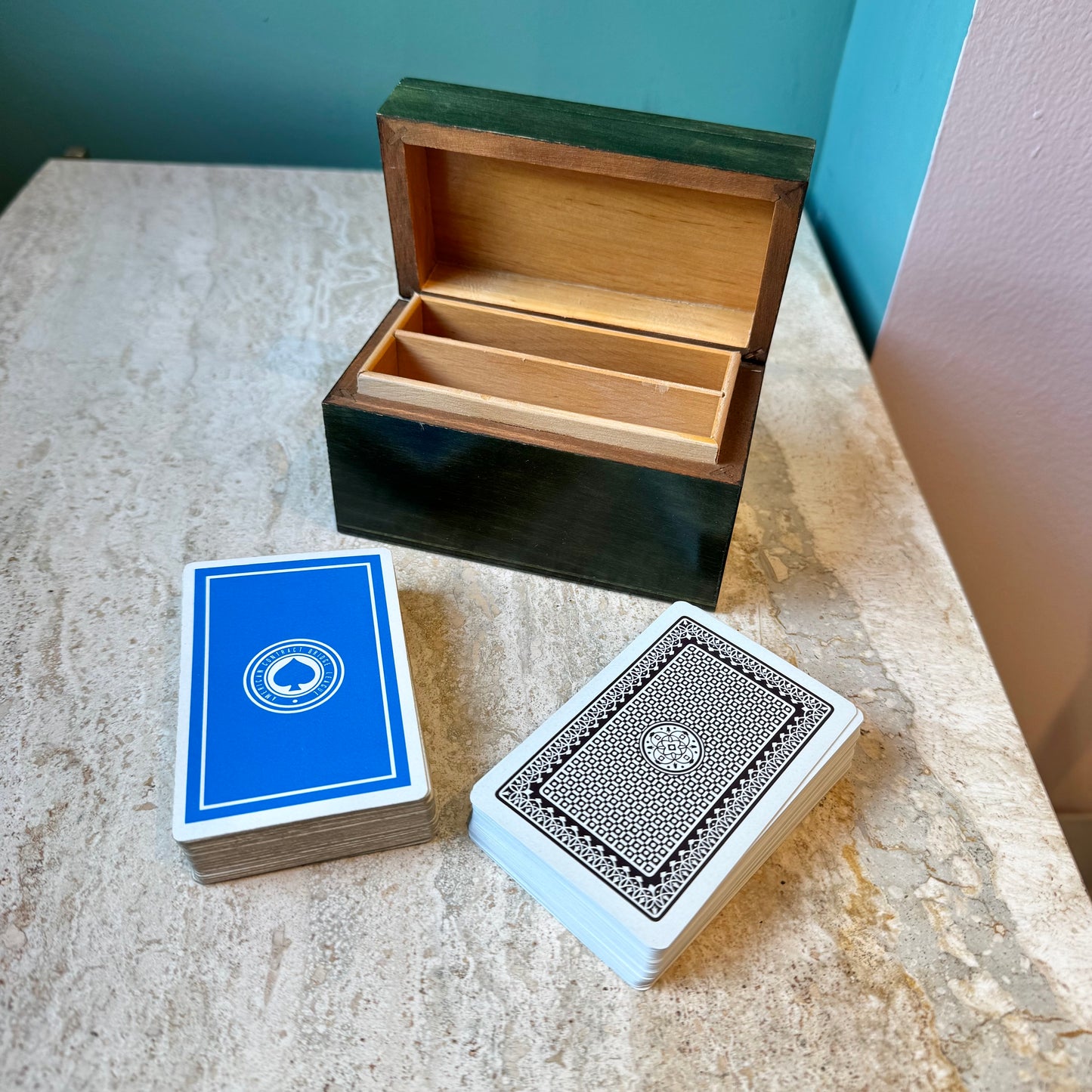 Vintage Green Wooden Playing Cards Box with Cards