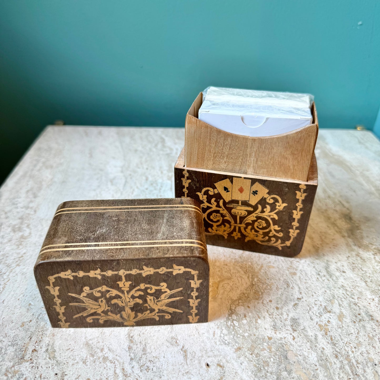 Antique Wooden Playing Card Box with Cards